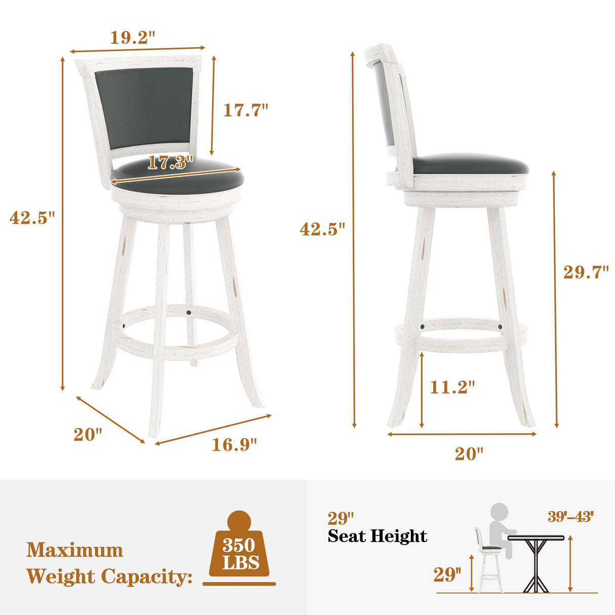 29" Bar Height Swivel Stools, High Back Swivel Bar Stools