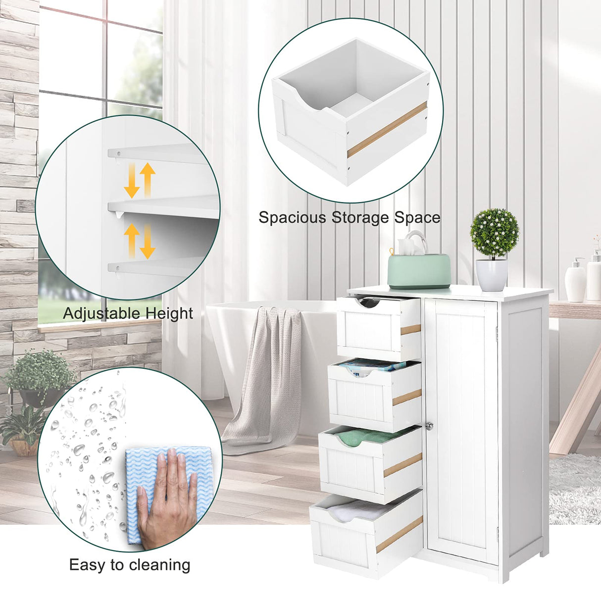 Storage Cabinet Wooden Bathroom Floor Cabinet Small Space Furniture White Side Storage Organizer