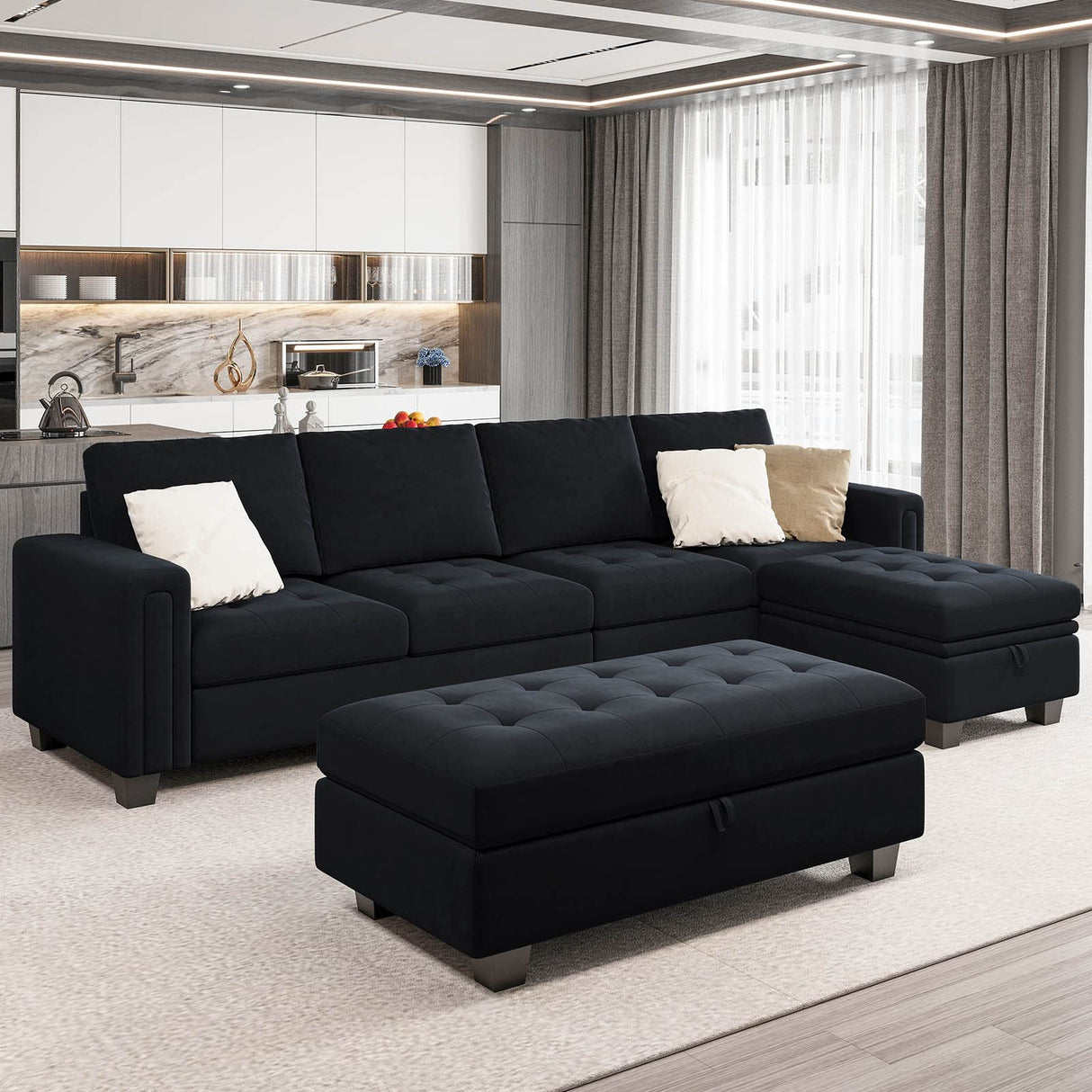 Velvet Convertible 4-Seat Sectional Sofa with Reversible Chaise L Shaped Sofa