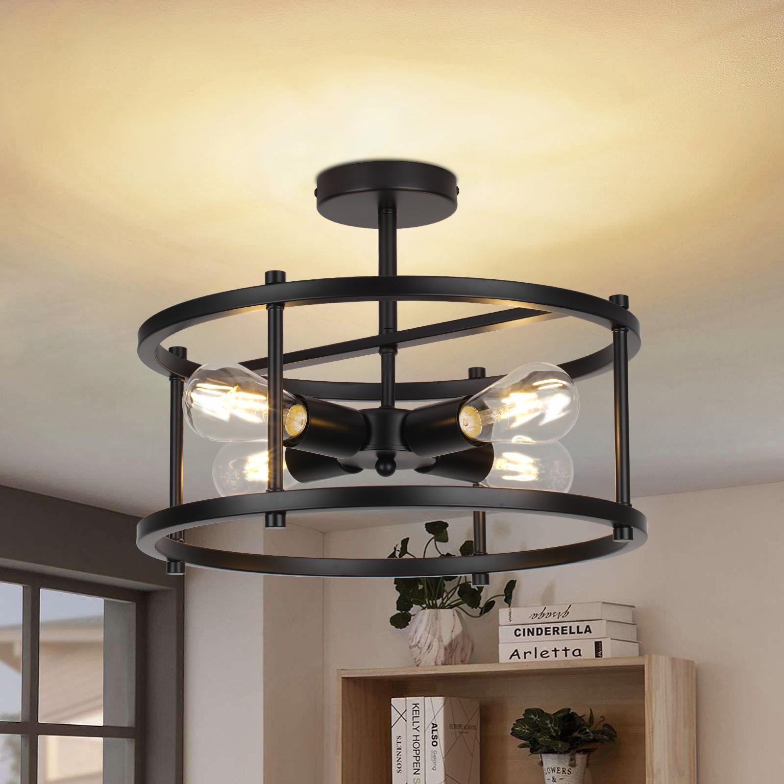 16" Semi Flush Mount 4-Light Industrial Ceiling Light, Black Chandelier