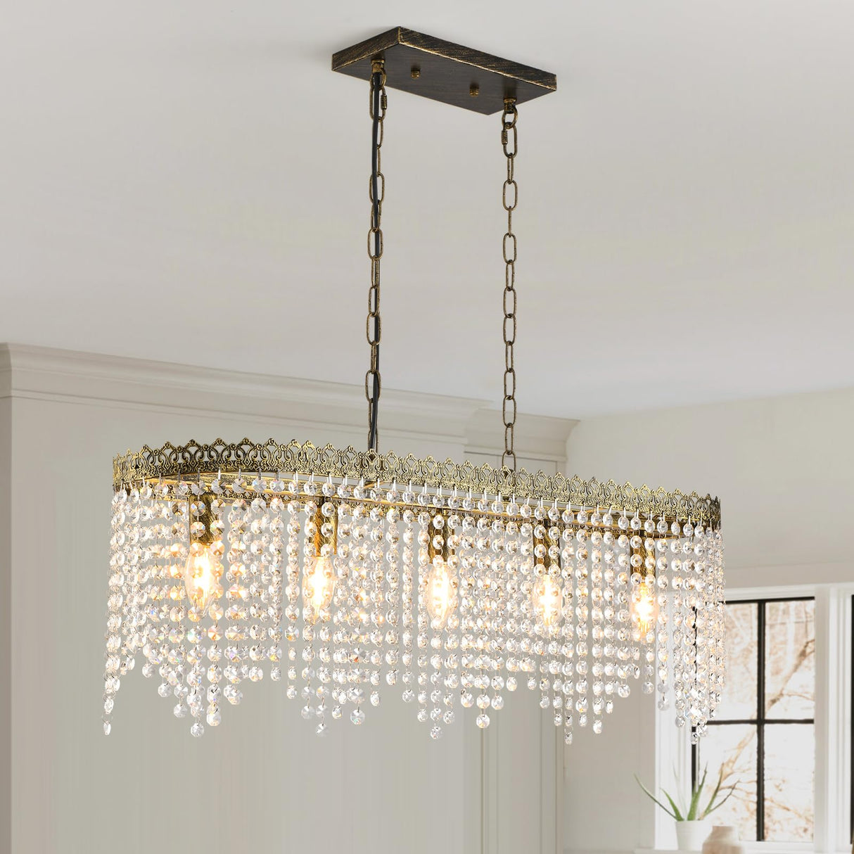 KAIQI 5 Lights Rectangle Oval K9 Crystal Chandelier Antique Bronze Pendant Light Fixture for Dining Room, Living Room, Pool Table Light, Kitchen Island Lighting,L31.5Inchs x W8.66Inchs x H11Inchs