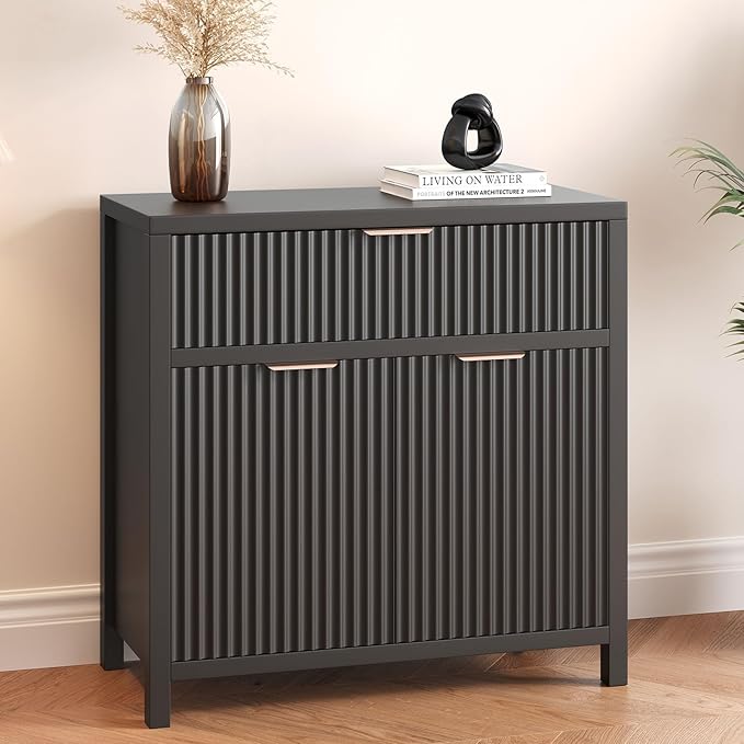 Modern Fluted Black Storage Cabinet with Adjustable Shelf