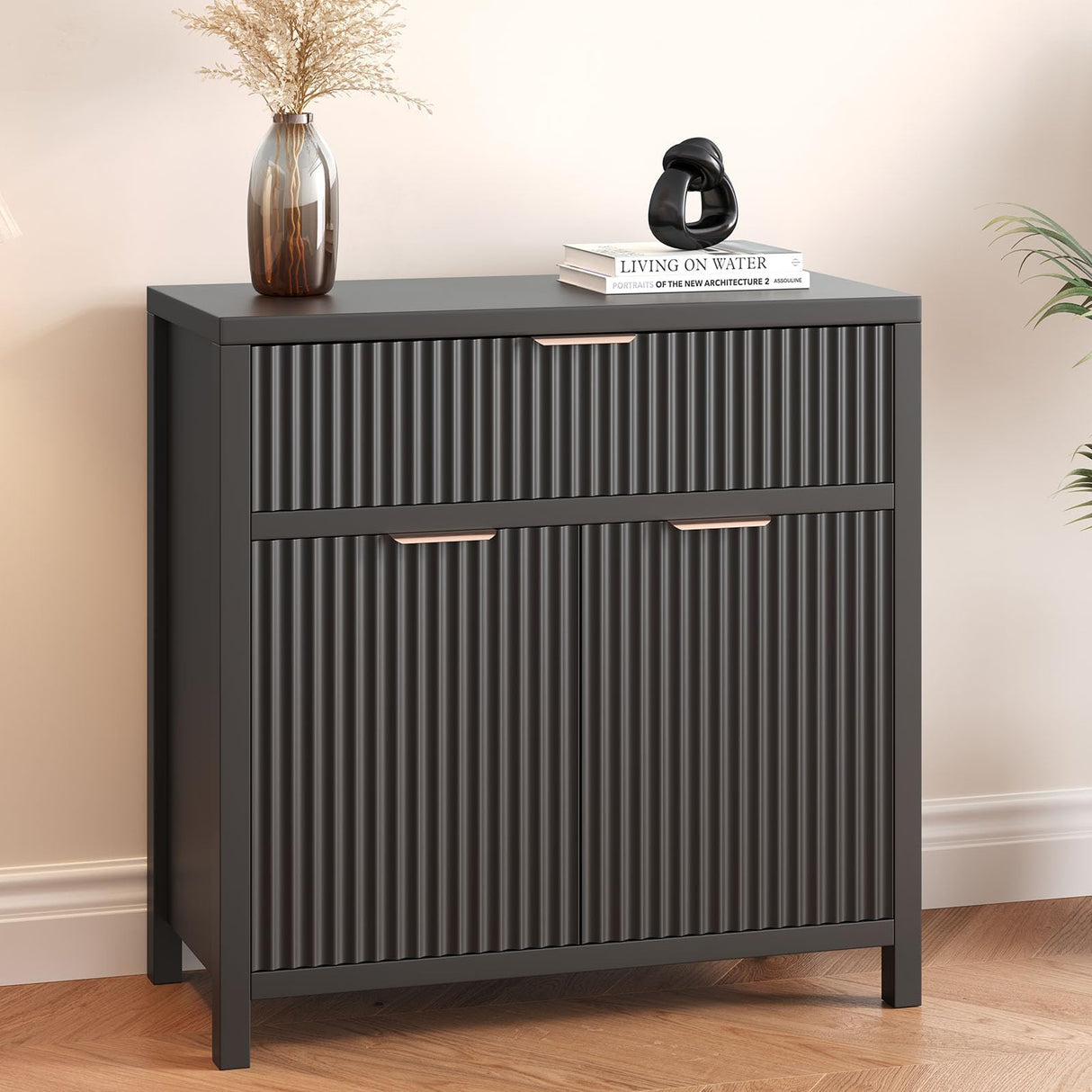 Modern Fluted Black Storage Cabinet with Adjustable Shelf
