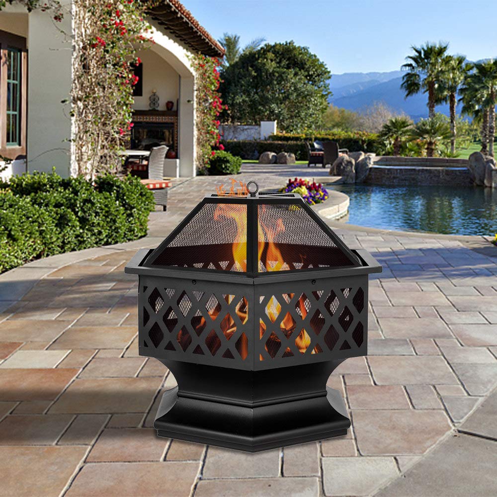 Fire Pits 27in Hexagonal Metal Fire Bowl Outdoor Firepit Backyard Patio Wood Burning