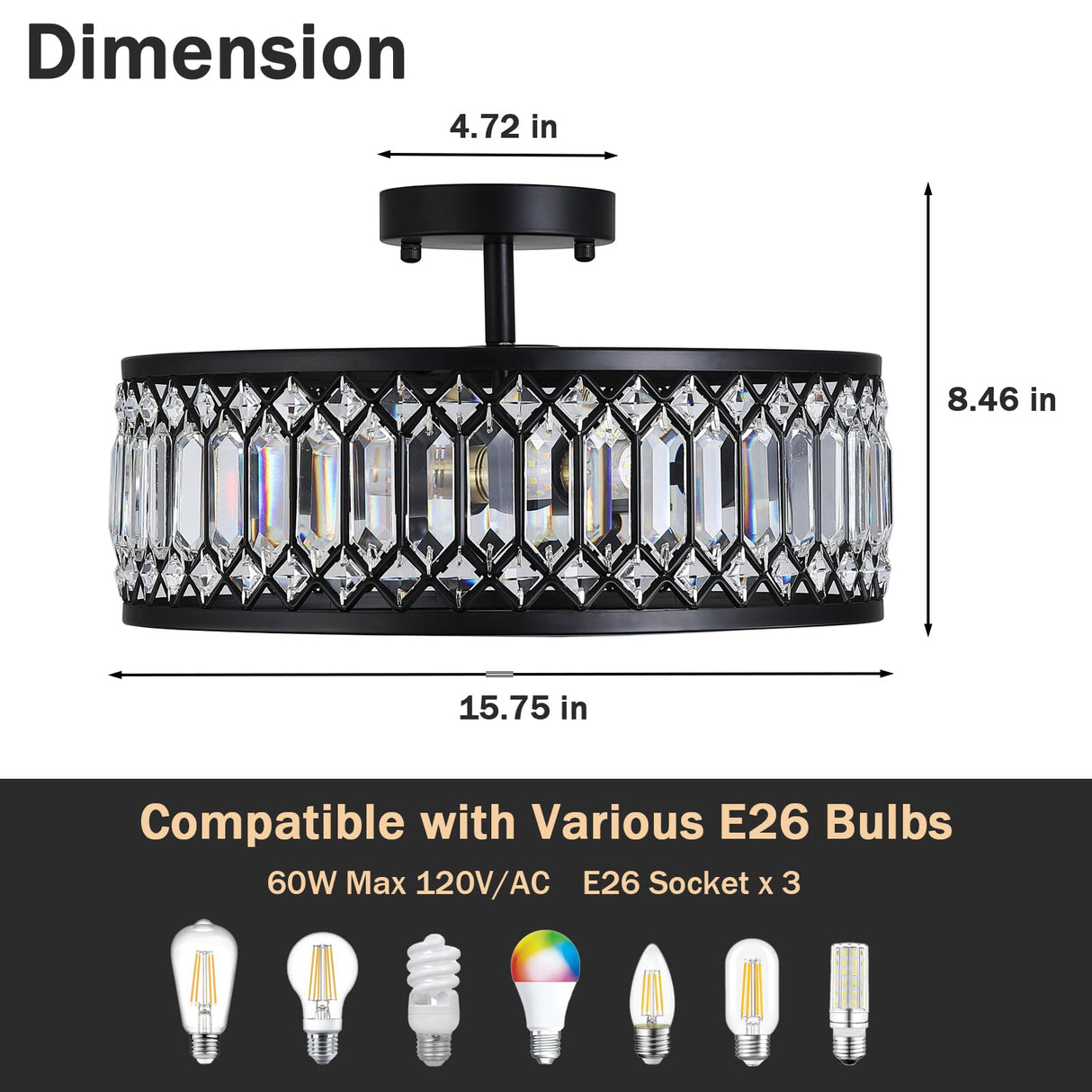 16" Black Crystal Ceiling Light - 3-Light Semi Flush Mount Chandelier