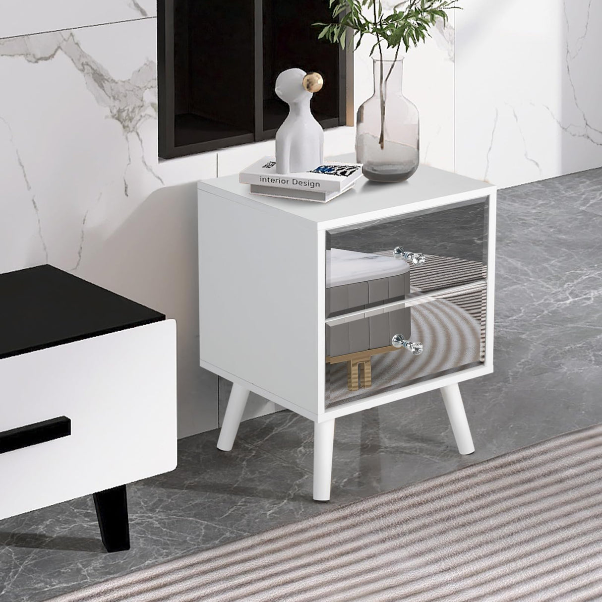 White Nightstand Set of 2, Mirrored Bedside Table Set of 2, Modern Bedroom Night Stands