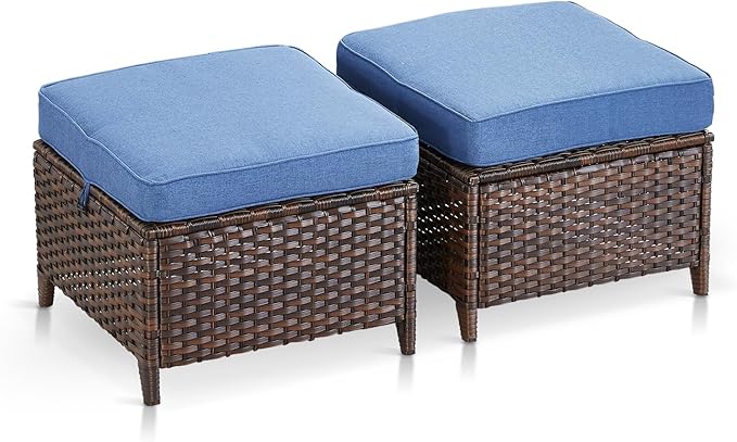Outdoor Wicker Ottomans Rattan Footstools - Set of 2 Heavy Duty Outside Resin