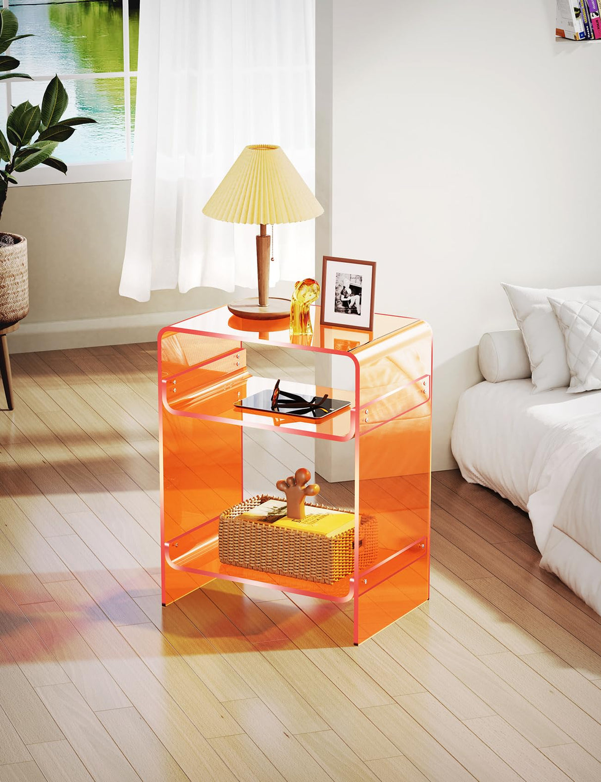 Storage Shelf, Clear Side Table Nightstand (Orange)