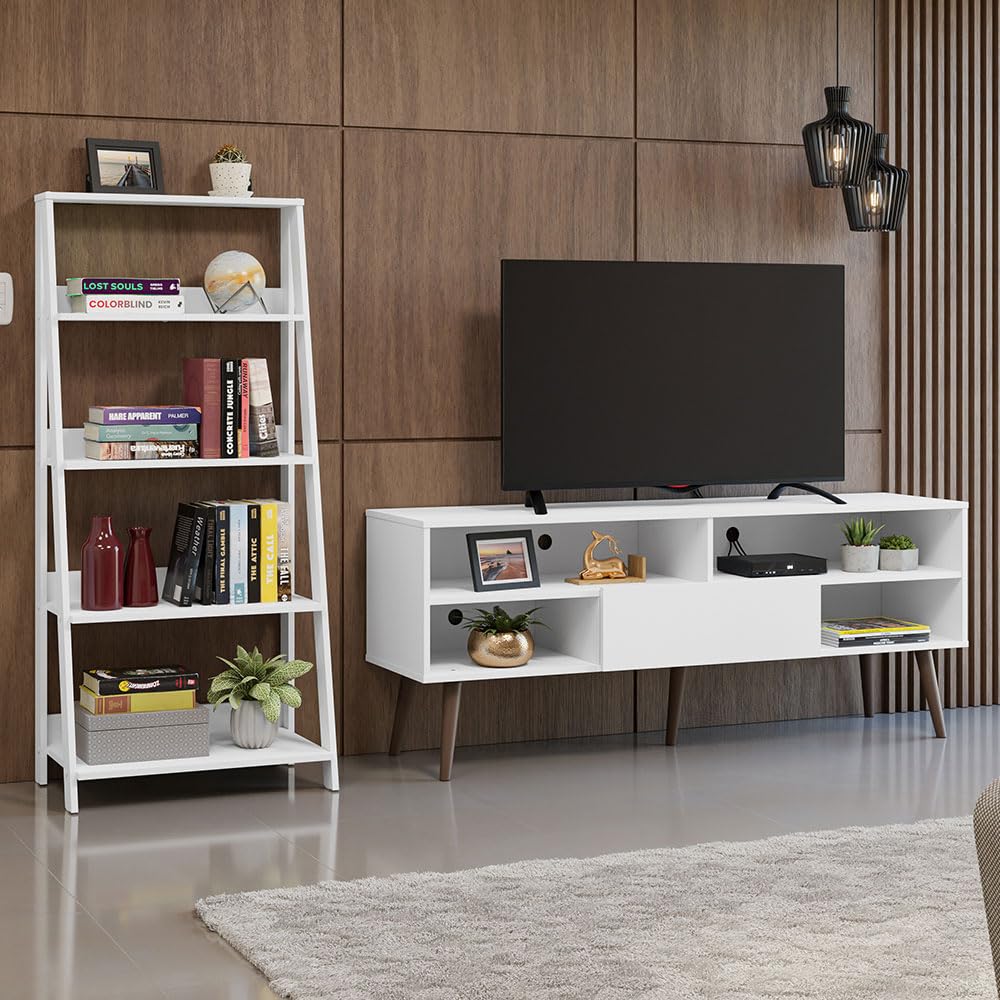 TV Stand with 1 Door and 4 Shelves + Ladder Shelf Standing Bookcase - White