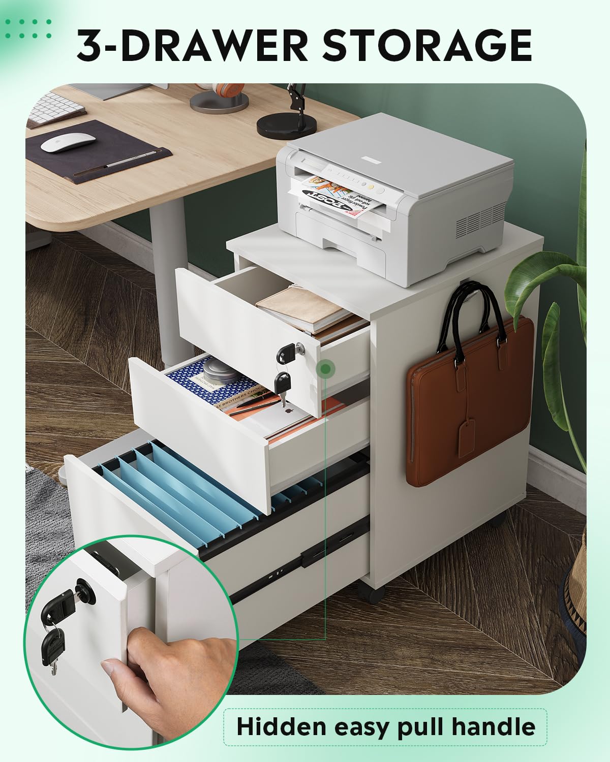 3 Drawer Rolling File Cabinet with Lock, Wood Under Desk Filing Cabinet