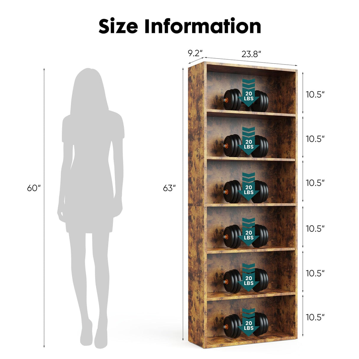 SMUG 6 Shelf Bookcase Open Industrial Bookshelf Large Storage Floor Standing 63 Inch Tall Bookcase for Home Office, Living Room, Bed Room, Rust