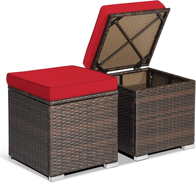 2-Pieces Patio Ottoman Set Outdoor Wicker Stool with Storage, Rattan Footrest Ottoman