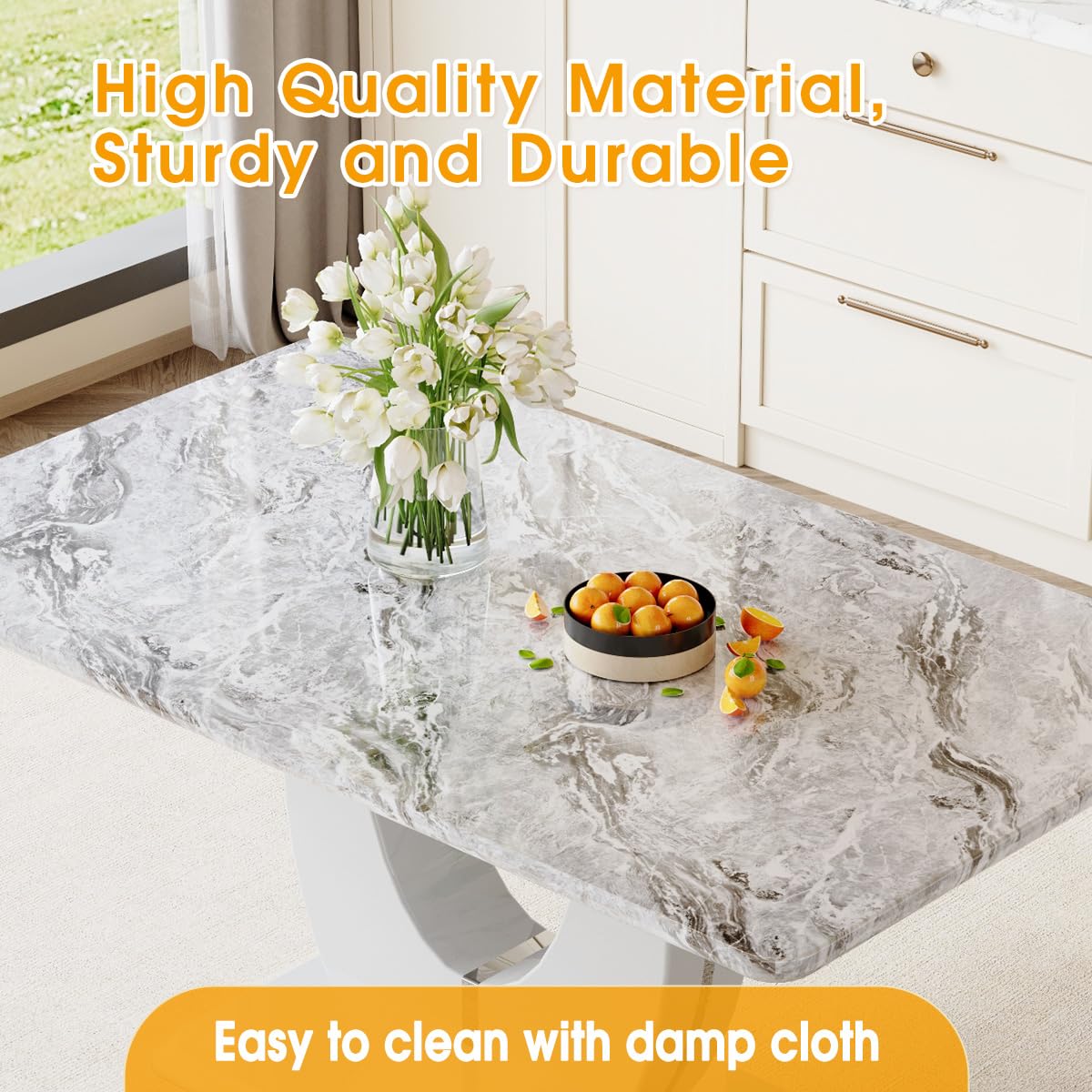 Modern 7-Piece Dining Set - 63" Faux Marble Table with 6 Upholstered Chairs