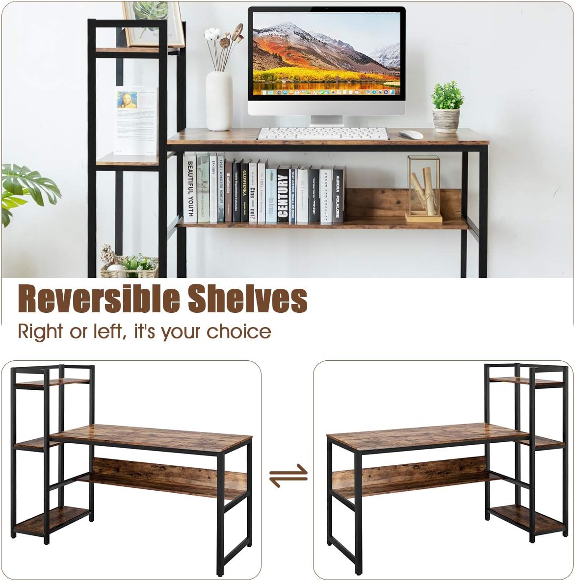 59-Inch Computer Desk with Bookshelf, Home Office Desk with Storage Bookshelf