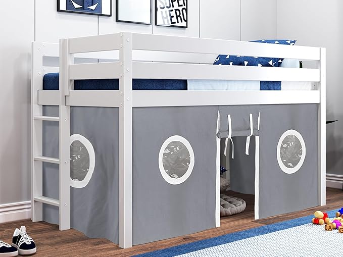 Contemporary Low Loft Twin Bed with a 3 Drawer Stairway, Gray with Gray & White Tent