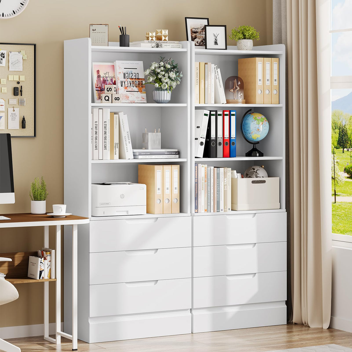 Tall Bookshelf with Drawers Bookcase with 3 Drawers and 3-Tier Open Shelves