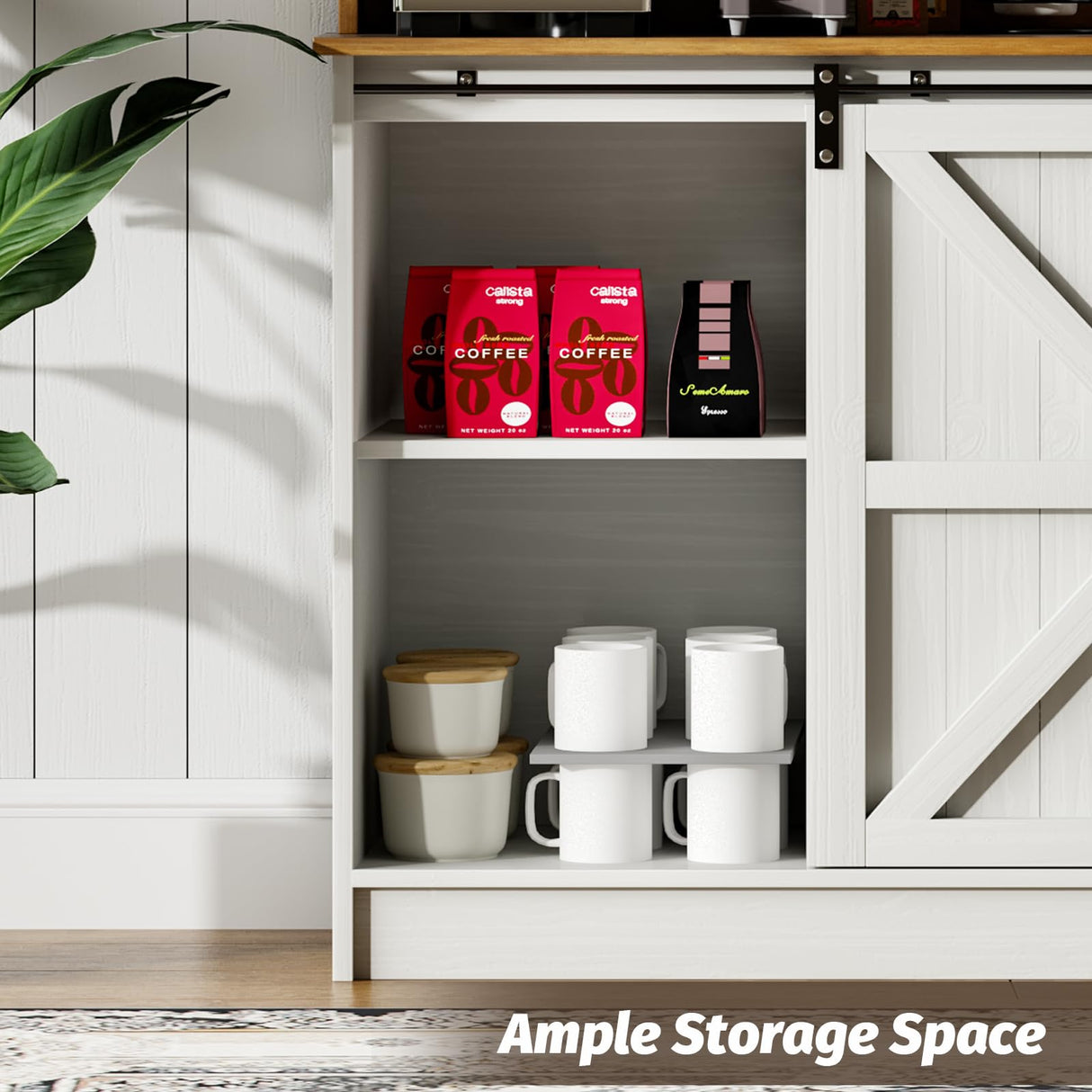 Farmhouse Coffee Bar Cabinet with 8 Hooks, 55ā Kitchen Hutch Cabinet with Storage