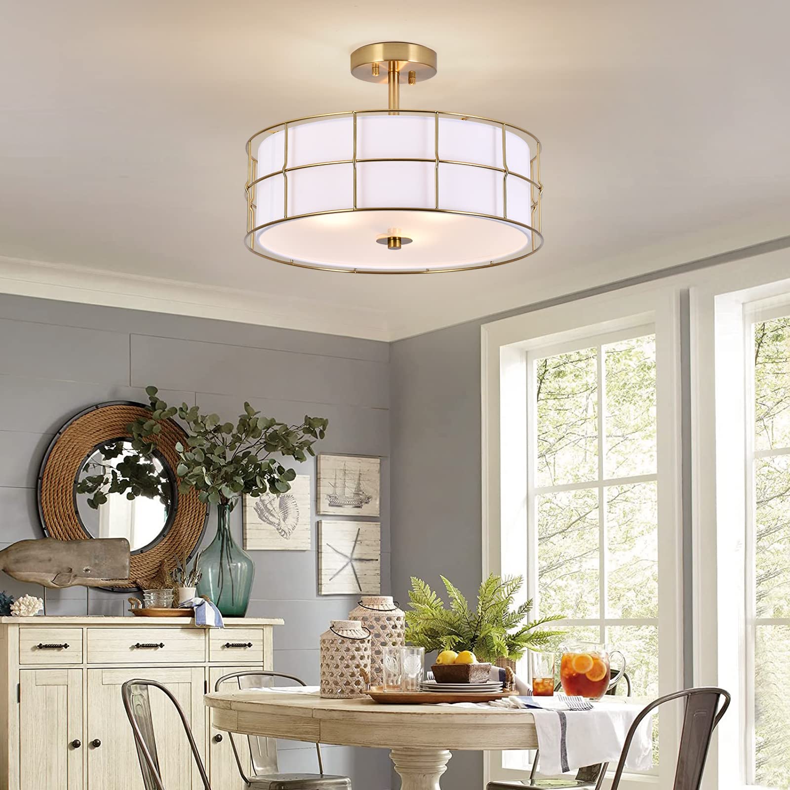 16" Semi Flush Mount Ceiling Light Fixture, 3-Light Golden Metal Mesh Drum Ceiling Light