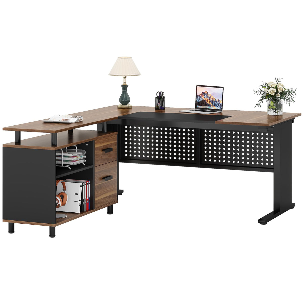 63 Inch Executive Desk with File Cabinet, Large Office Desk L Shaped Computer Desk