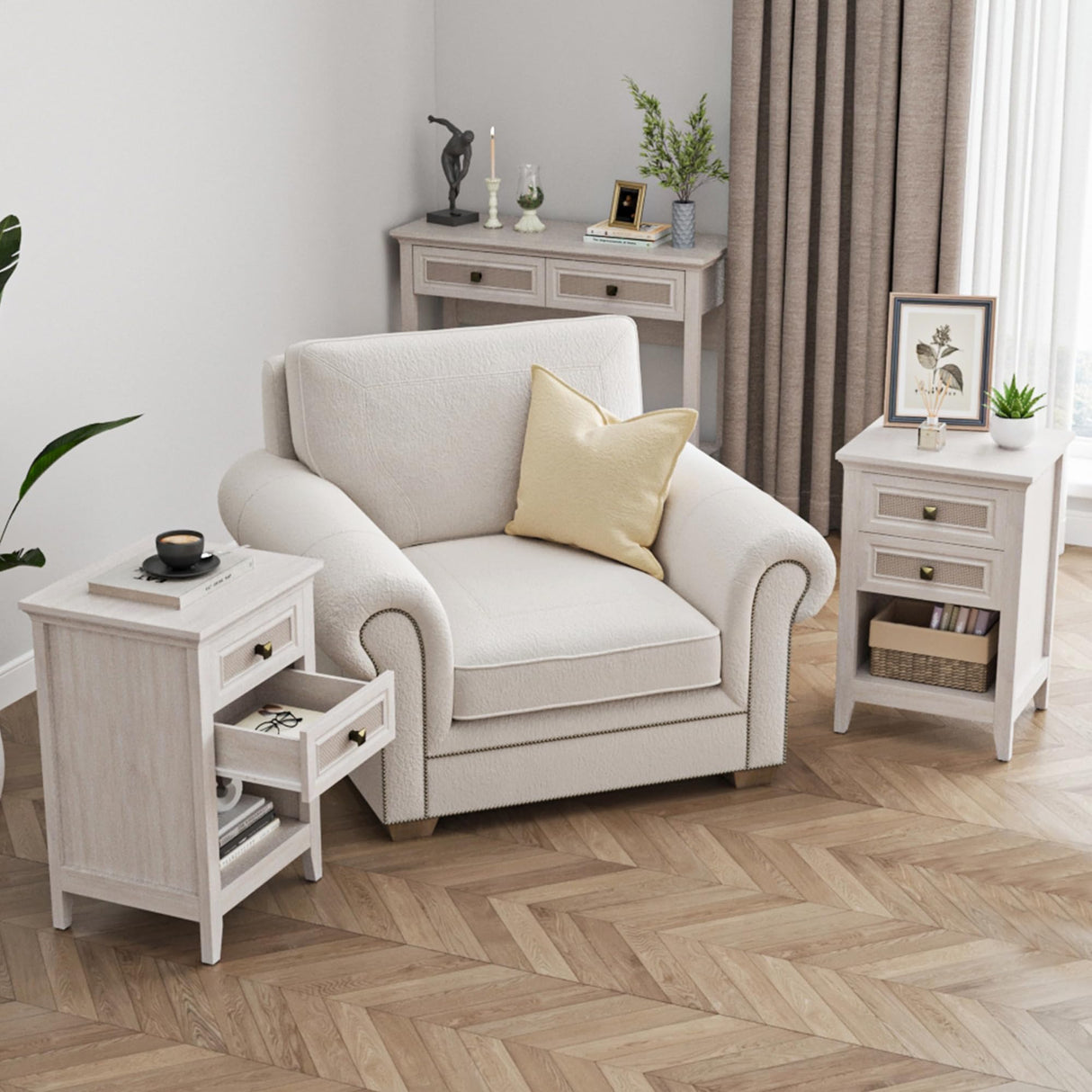 Farmhouse Nightstand Set of 2, Boho Bedside Table with 2 Rattan Decor Drawers, Wood