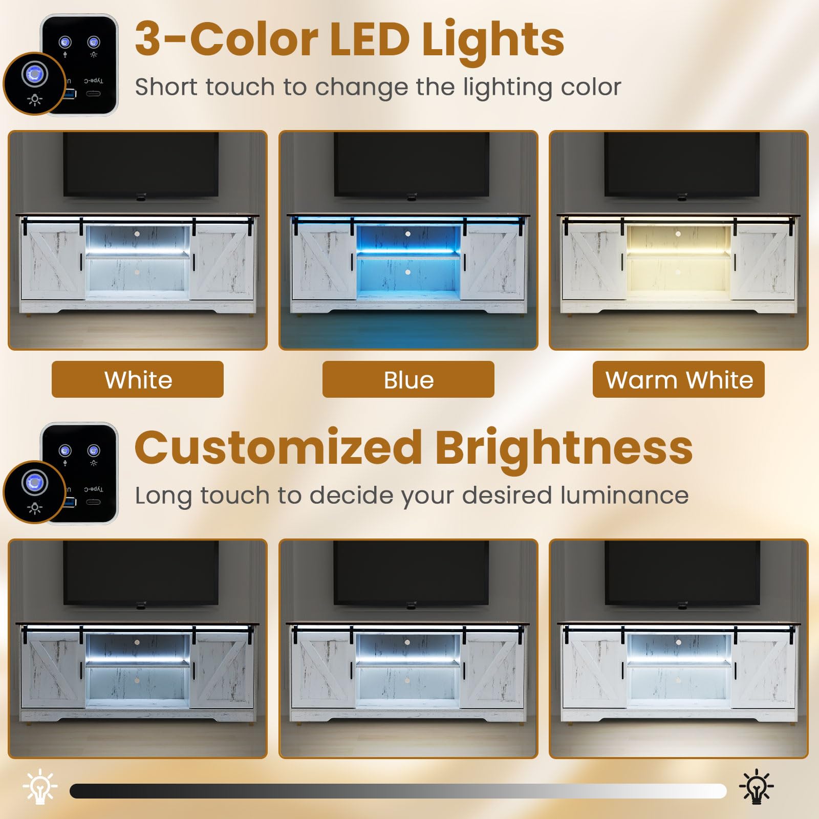 LED TV Stand for 65” TVs, Sliding Barn Door Entertainment Center with Lights