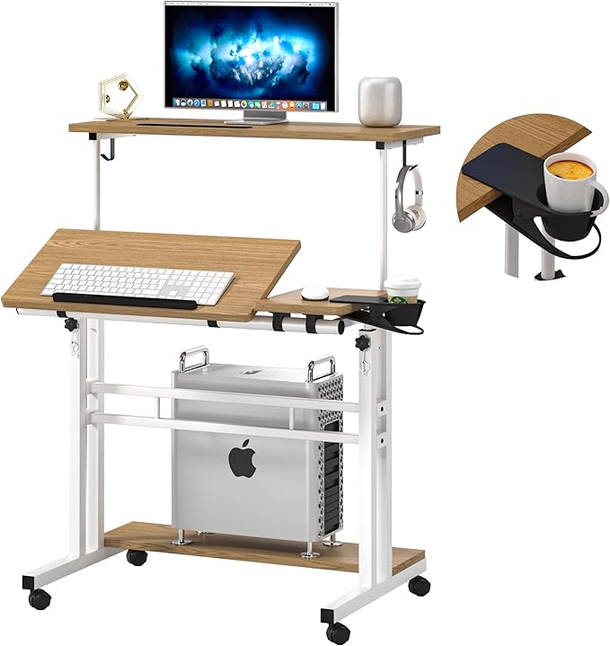 Mobile Standing Desk, Adjustable Rolling Computer Desk with 3 Desktops