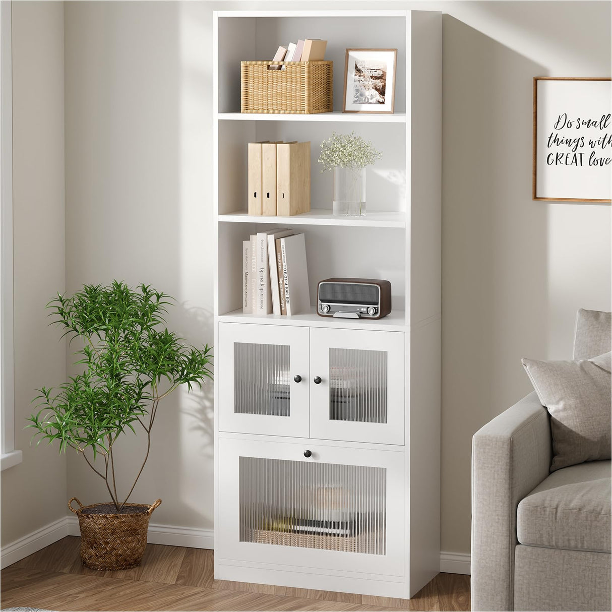 Bookshelf with Doors 2PCS, 5 Shelf Bookcase with Acrylic Cabinet Doors,Modern White