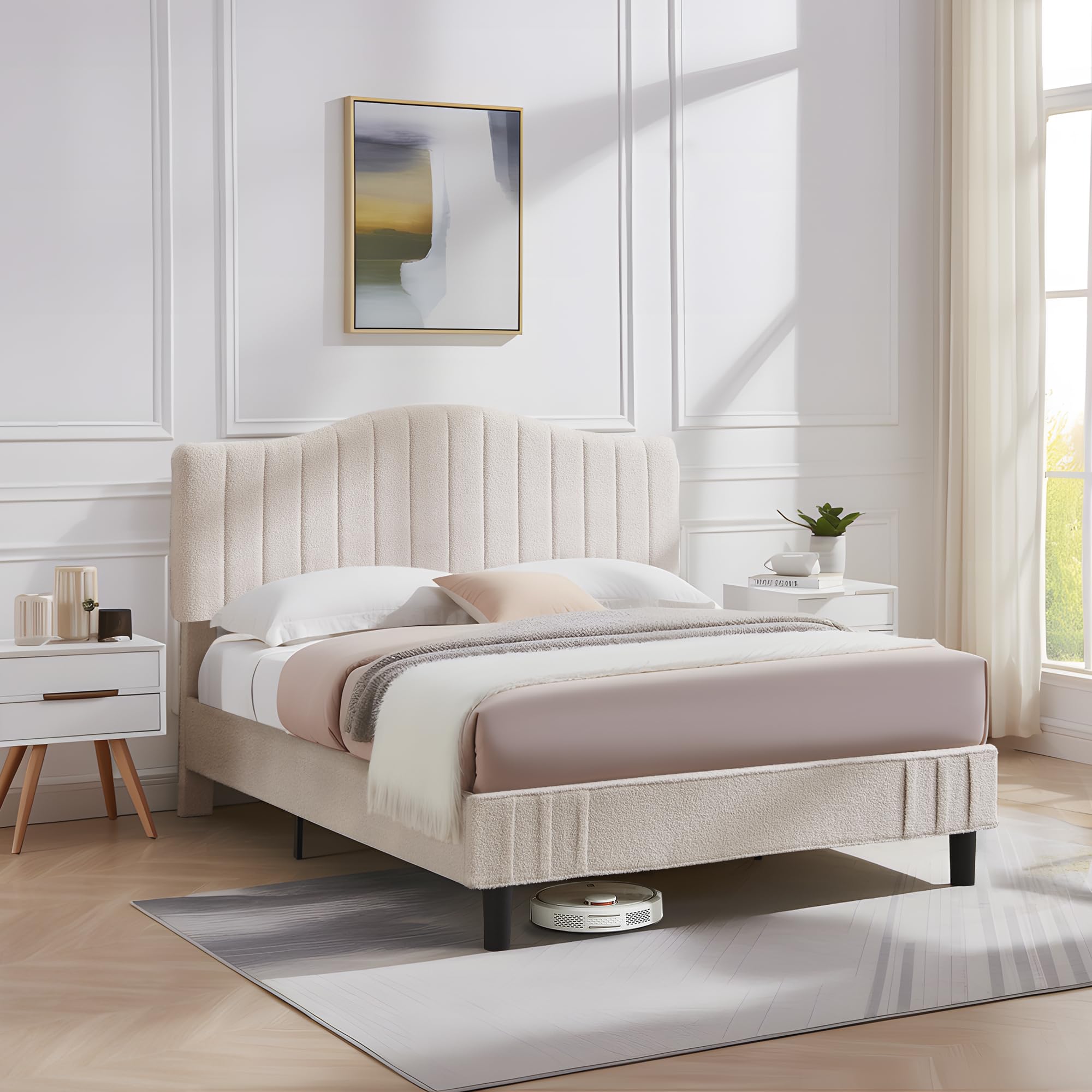 Full Size Beds Upholstered Platform Bed Frame with Height-Adjustable