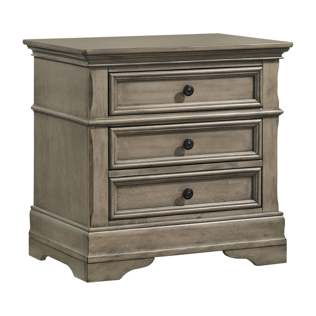 26 Inch 3 Drawer Nightstand, Felt Lined, Crown Molded, Wheat Wood, Brown, Gray and Bronze