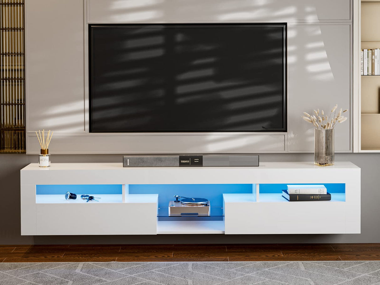 Floating TV Stand for 85+ inch TV, White High Glossy Wall Mounted Haning TV Stand with 2