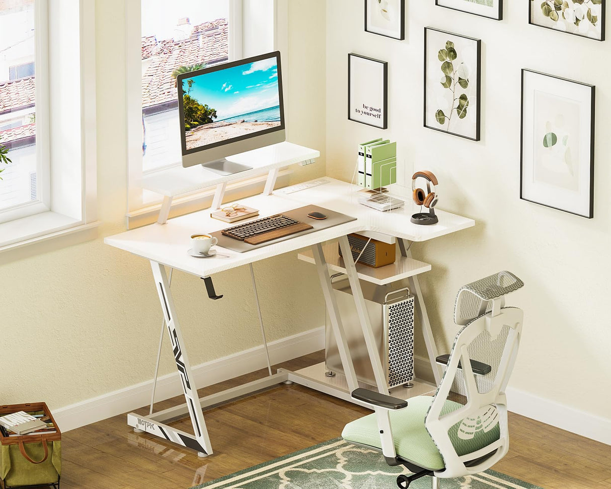 White Gaming Desk L Shaped with LED Lights, Small Corner Computer Desk 39inch
