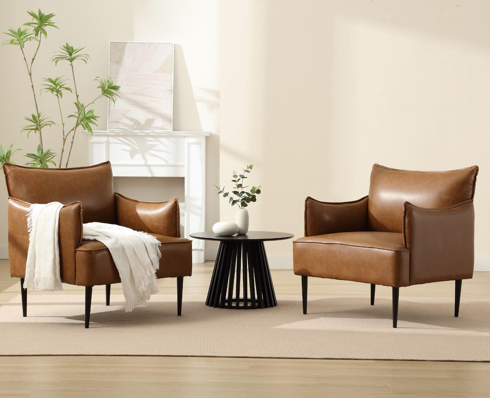 Brown Leather Accent Chairs Set of 2, Modern Club Chairs Single Sofa for Living