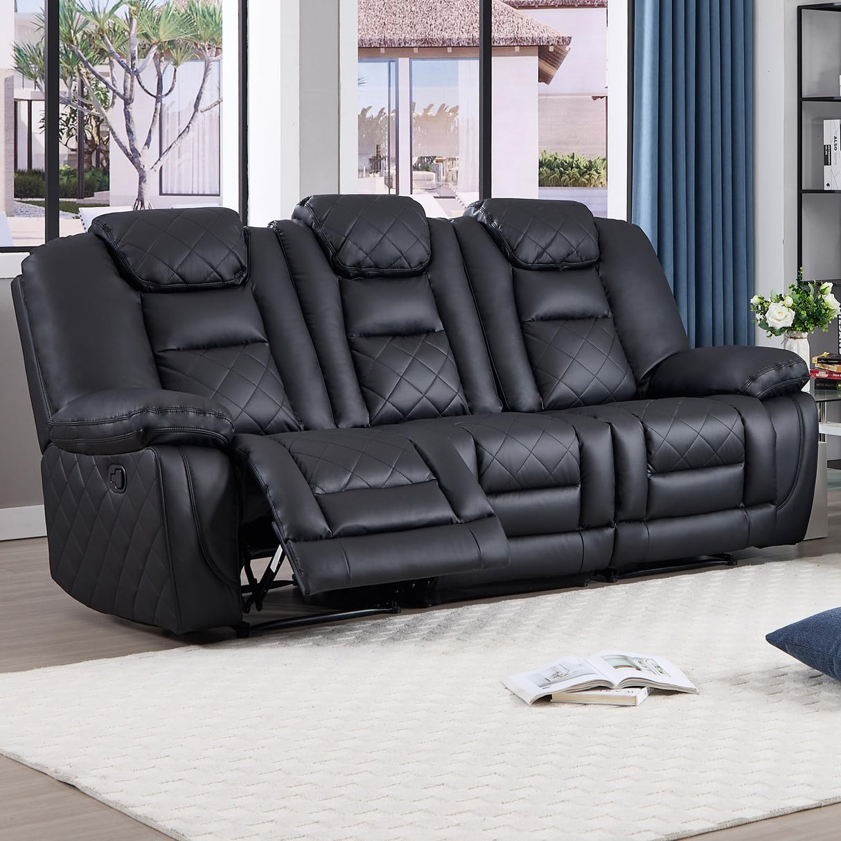 Leather Manual Reclining Sofa, 3 Seat Recliner Sofa Chair with Overstuffed Armrest and