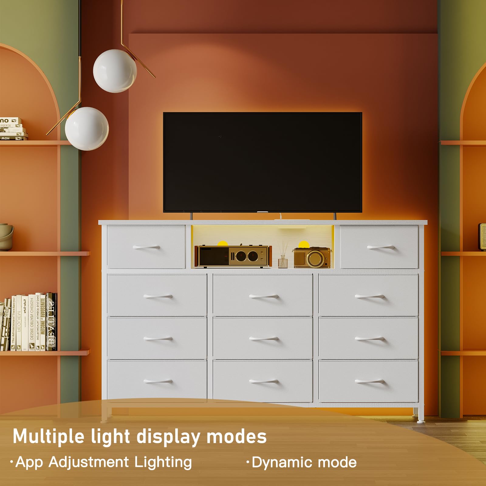 YGEOMER Long Dresser for Bedroom 65inch TV Stand with Charging Station and LED Lights, White Dresser with 11 Drawers, Fabric Chest of Drawers with PU Finish for Bedroom, Entryway