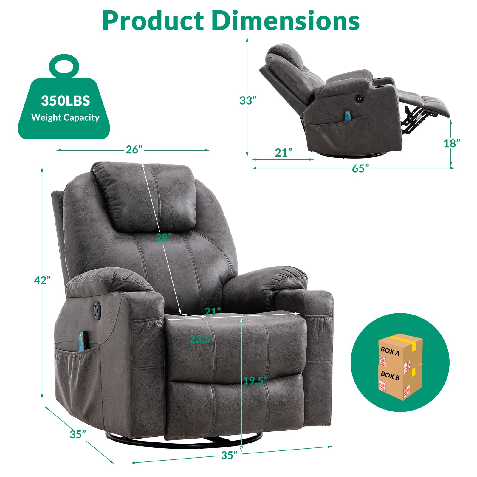 ZenLuxe Swivel Glider Recliner – Massage, Heat, USB, Cup Holders