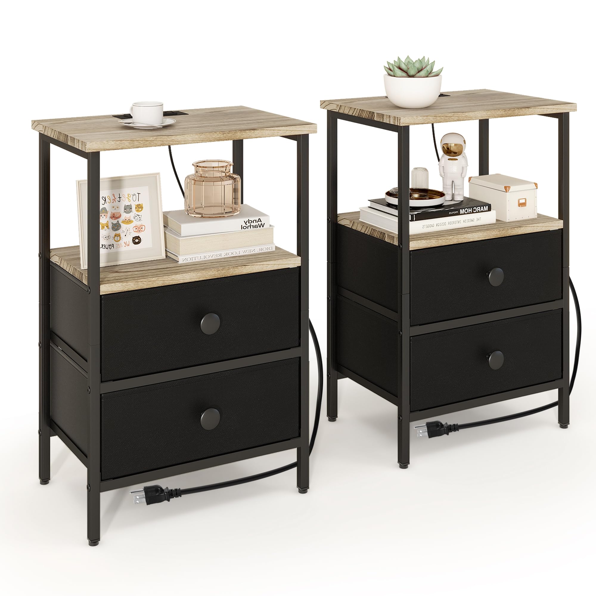 Small Nightstand with Charging Station 2 USB Ports & 2 Outlets, Solid Wood and Drawers