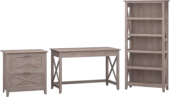 Key West 48W Writing Desk with 2 Drawer Lateral File Cabinet and 5 Shelf Bookcase