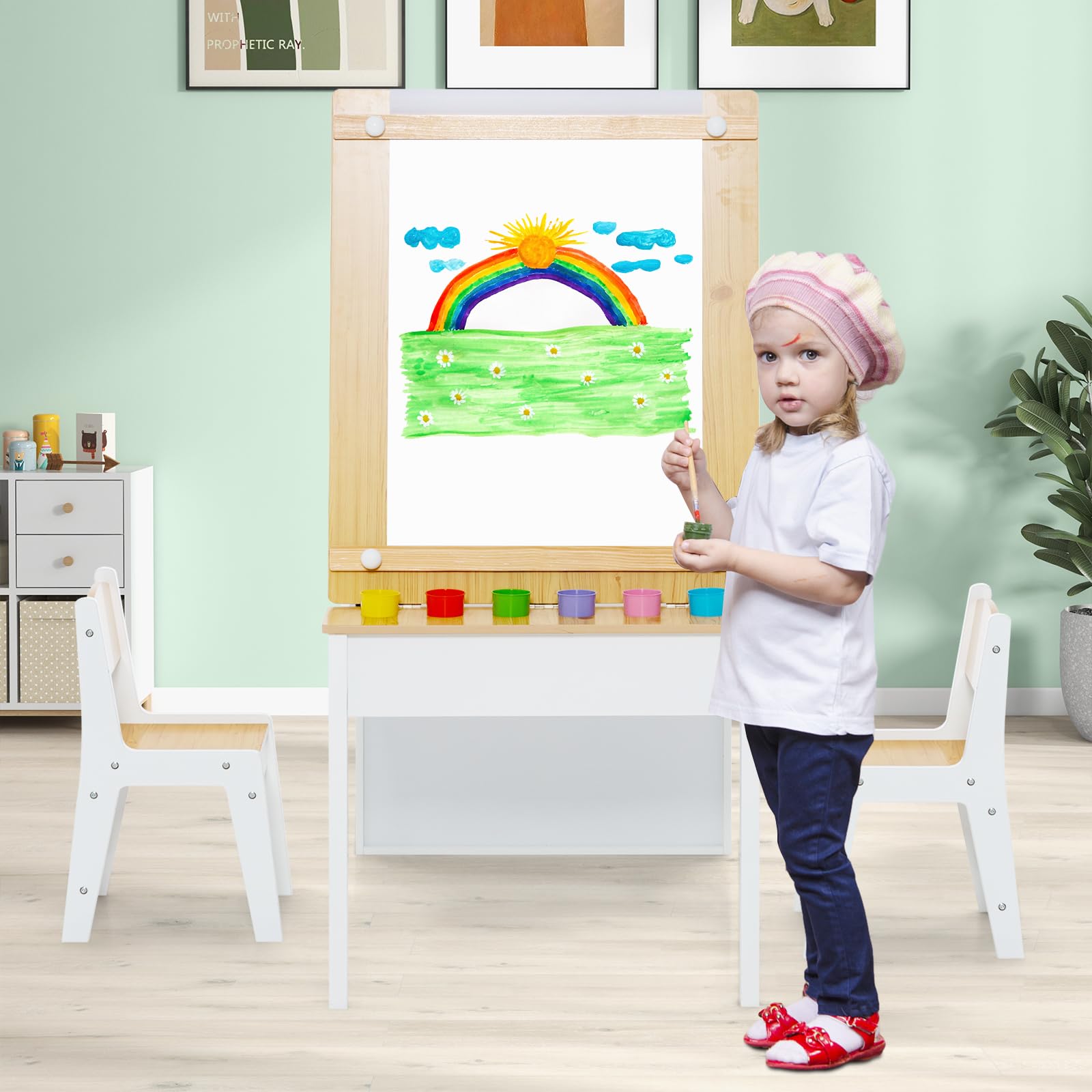 3 in 1 Kids Art Table and Chair Set, Toddler Craft Play Wood Activity Desk with 2 Chairs Storage Canvas Bins Paper Roll for Writing Drawing