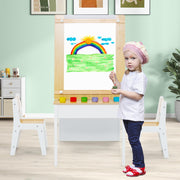 3 in 1 Kids Art Table and Chair Set, Toddler Craft Play Wood Activity Desk with 2 Chairs Storage Canvas Bins Paper Roll for Writing Drawing