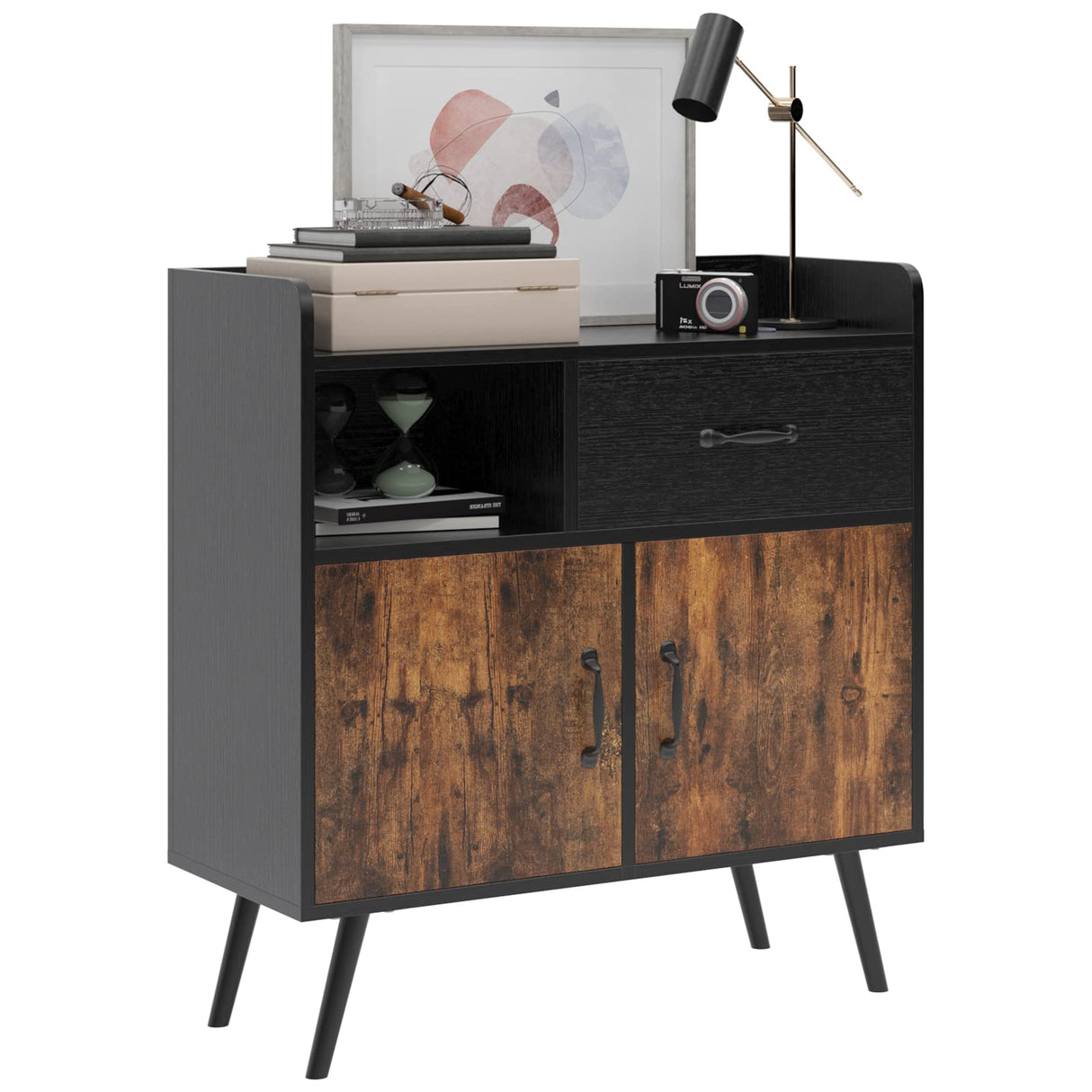 Storage Cabinet with 1 Drawer 2 Doors 1 Open Shelves, Free Standing Cupboard