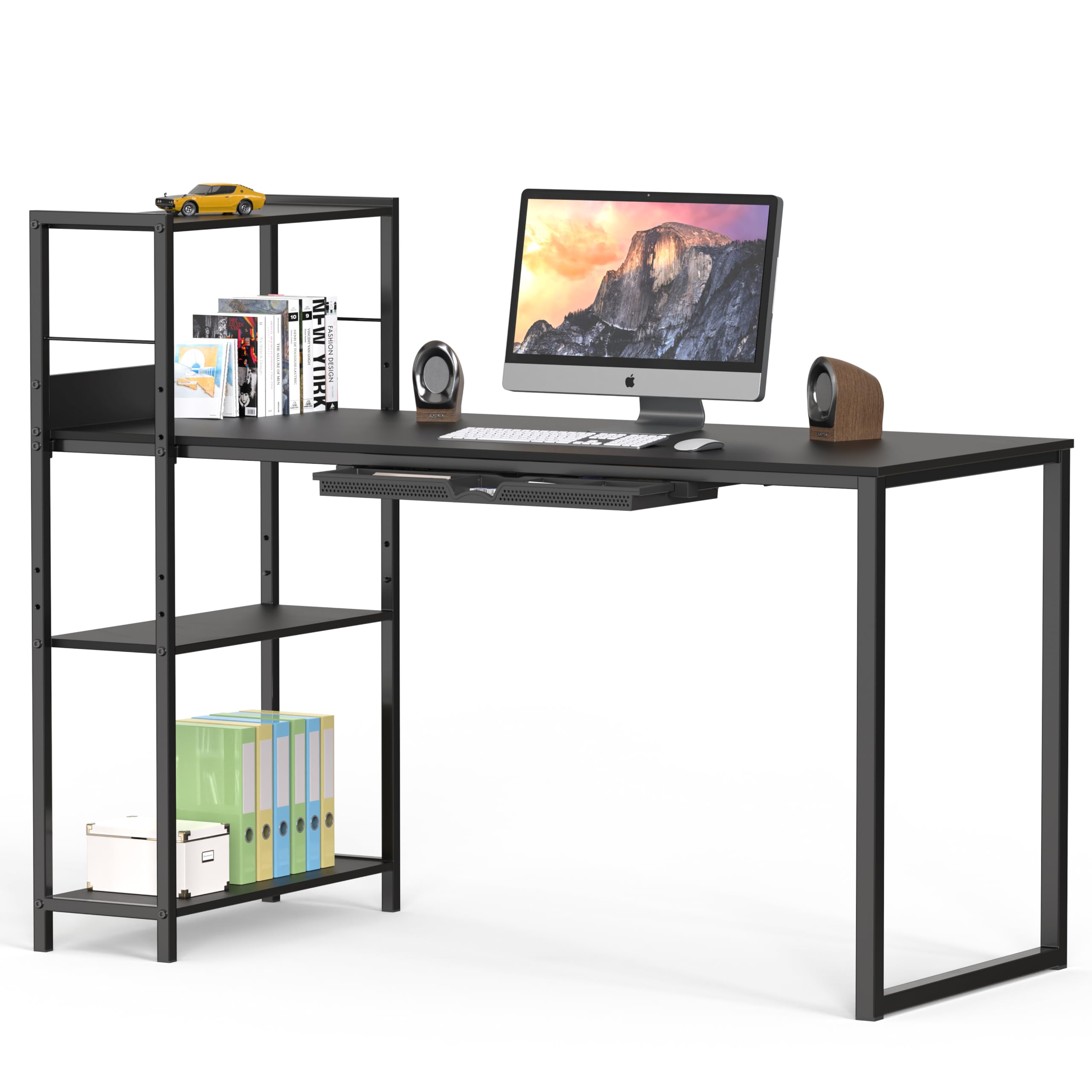 SHW 46-Inch Computer Desk with Adjustable Side Shelf and Drawer, 24" Deep, Black