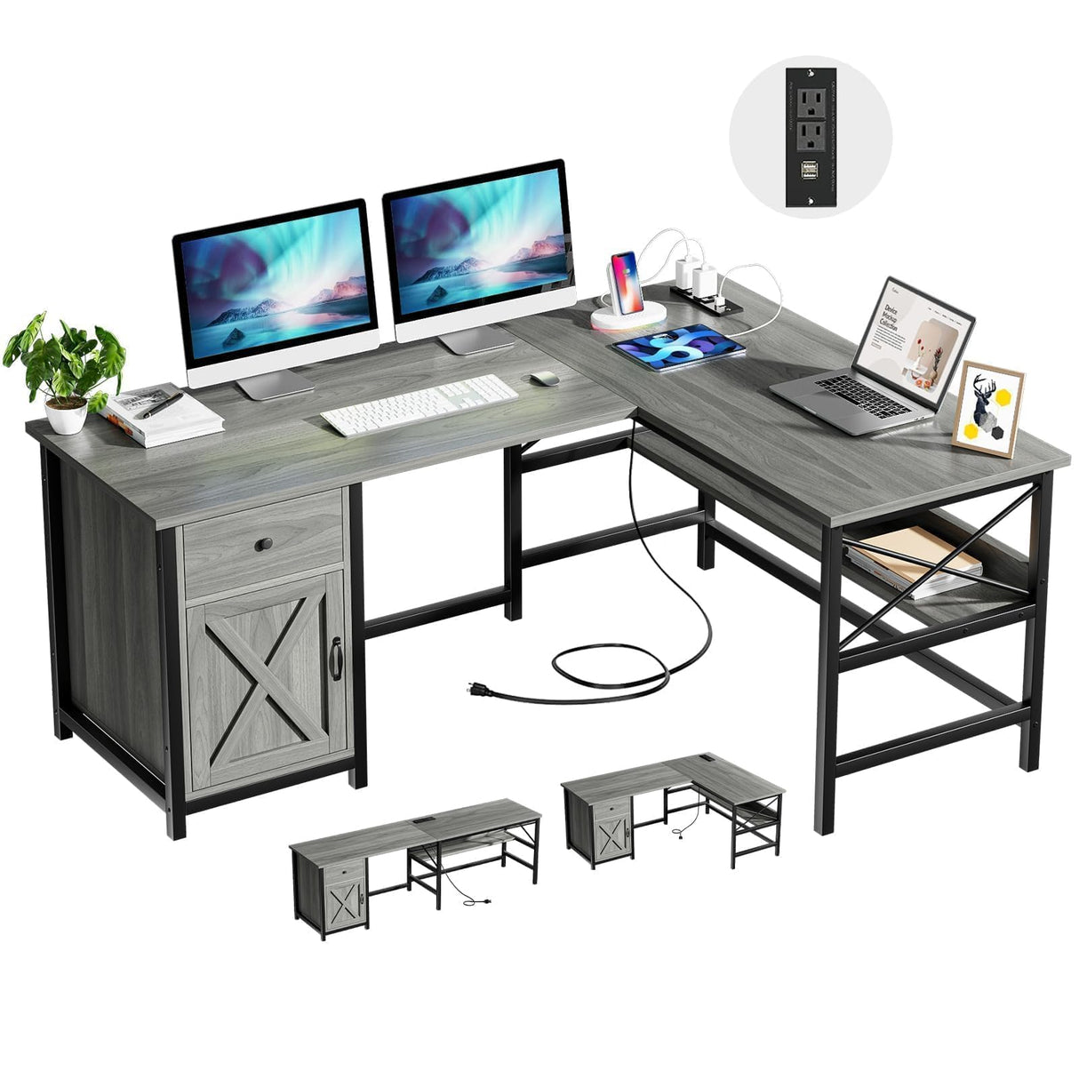 4-Piece Set with Desk Base Cabinet Hutch & Narrow Storage Cabinet