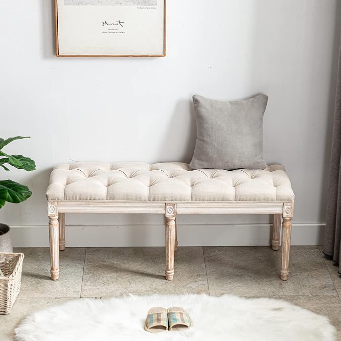 Upholstered Fabric Entryway Bench, Tufted Piano Bench for 2 People, Rubber Wood