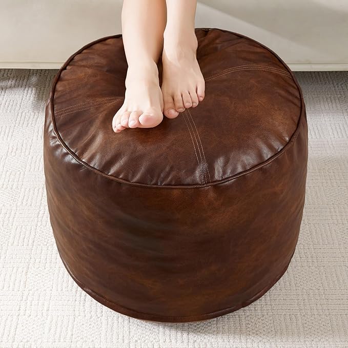 Round Stuffed Pouf Ottoman, Pu Leather Poufs with Foam Chunk Filling, Furry and Fluffy