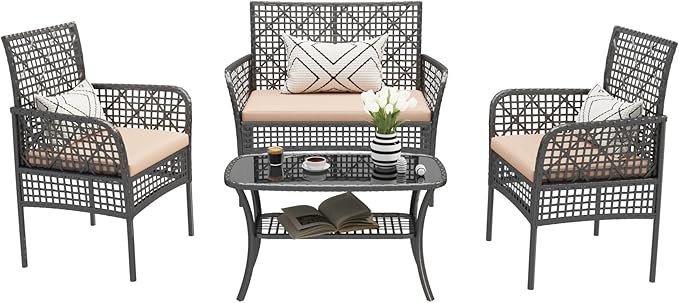 4 Pieces Outdoor Patio Furniture Set,PE Rattan Wicker Garden Conversation Chairs