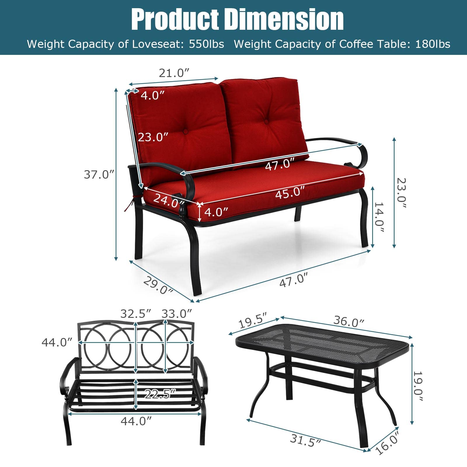 Loveseat with Table Set, 2 Seat Cushioned Sofa with Coffee Table