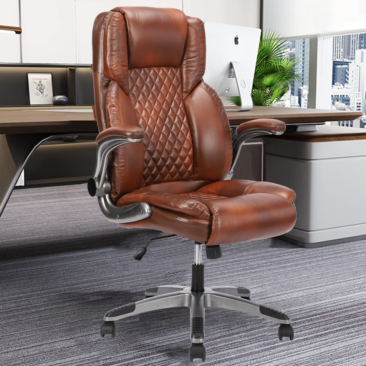 Brown Leather Office Chair with Flip up Arms, High Back Ergonomic Executive Office