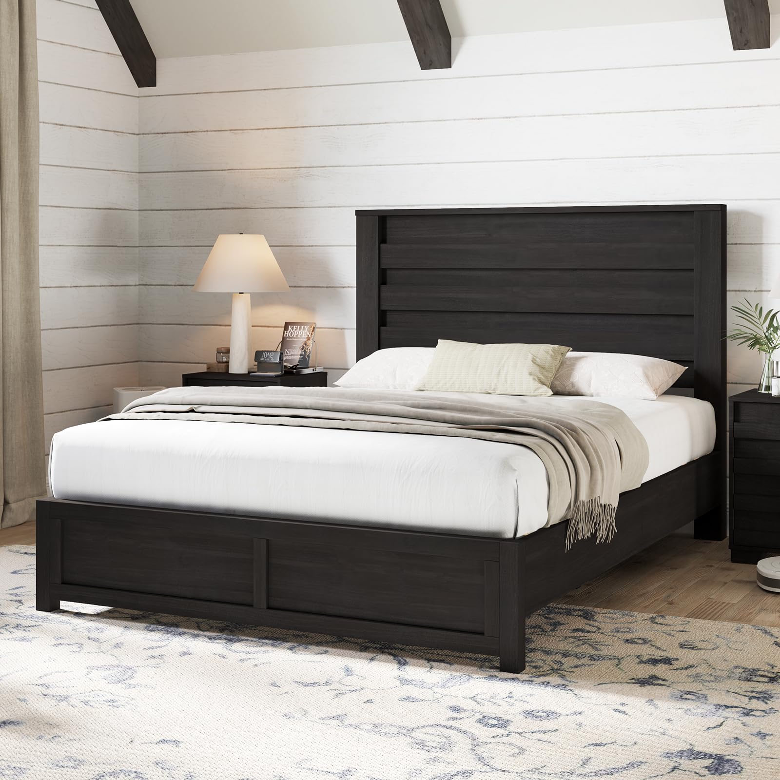 AMERLIFE Farmhouse Full Size Bed Frame with 49" Fluted Headboard, Platform Bed with Natural Wood Grain, No Box Spring Needed/Noise Free, Black