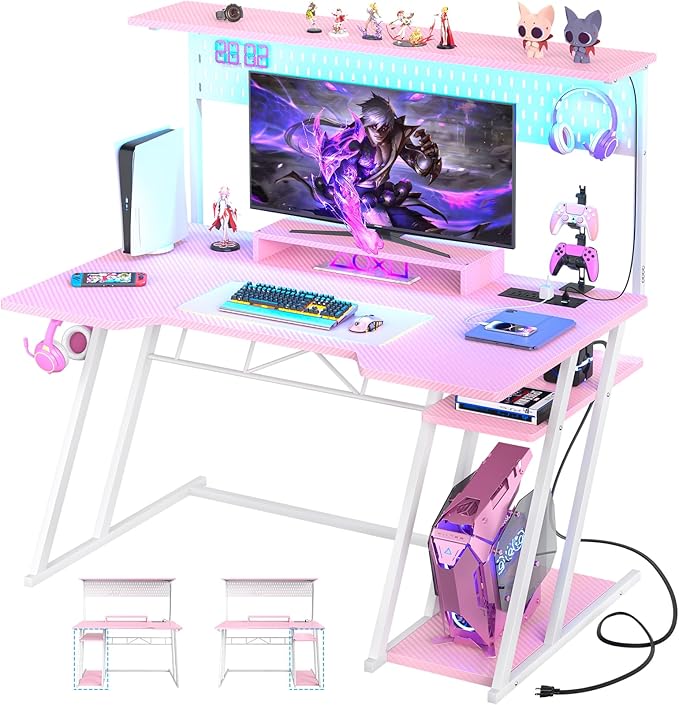 Gaming Computer Desk with Shelves and Outlets, Gaming Desk with Hutch and LED Lights