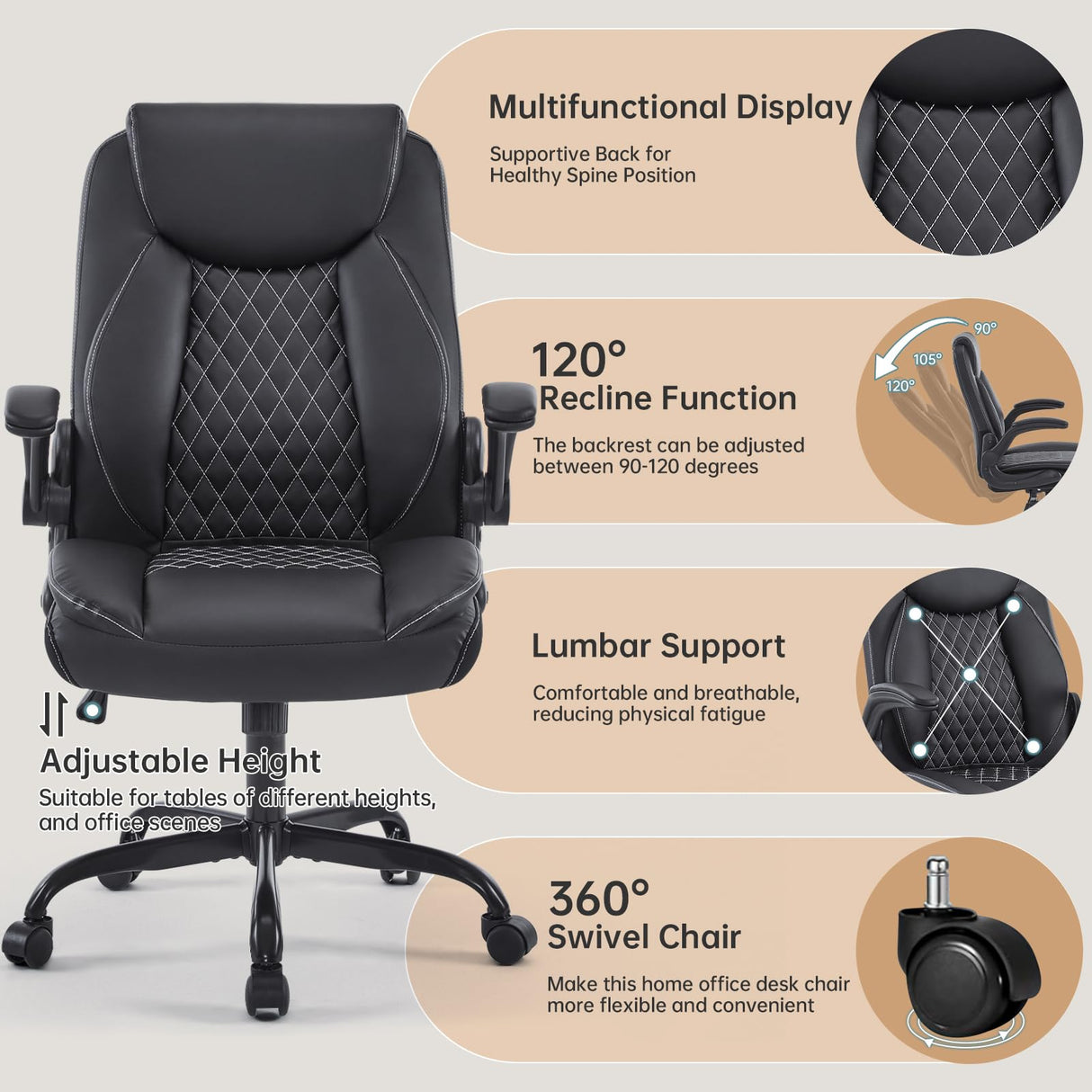 Ergonomic Leather Office Chair with Flip-Up Armrests
